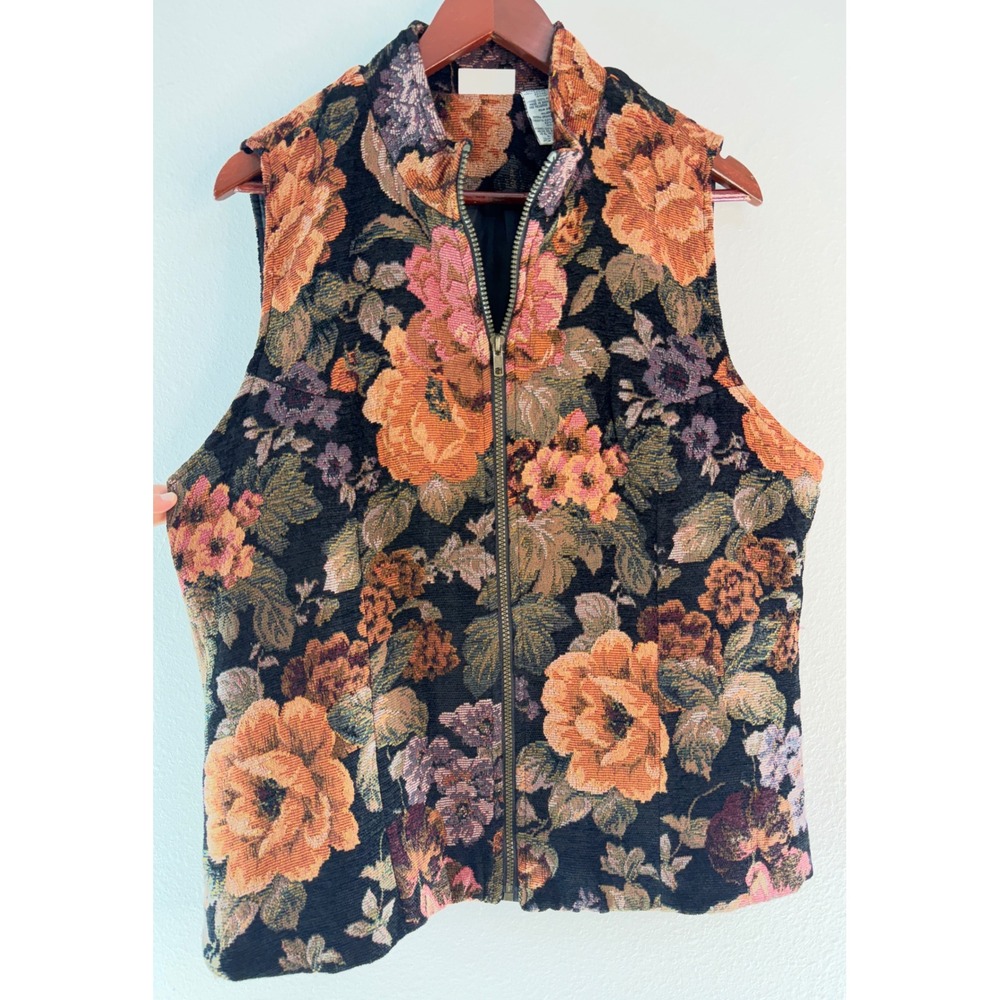 Vintage 90s Y2K Floral Tapestry Vest Full Zip Fairy Grunge Whimsigoth Boho XL